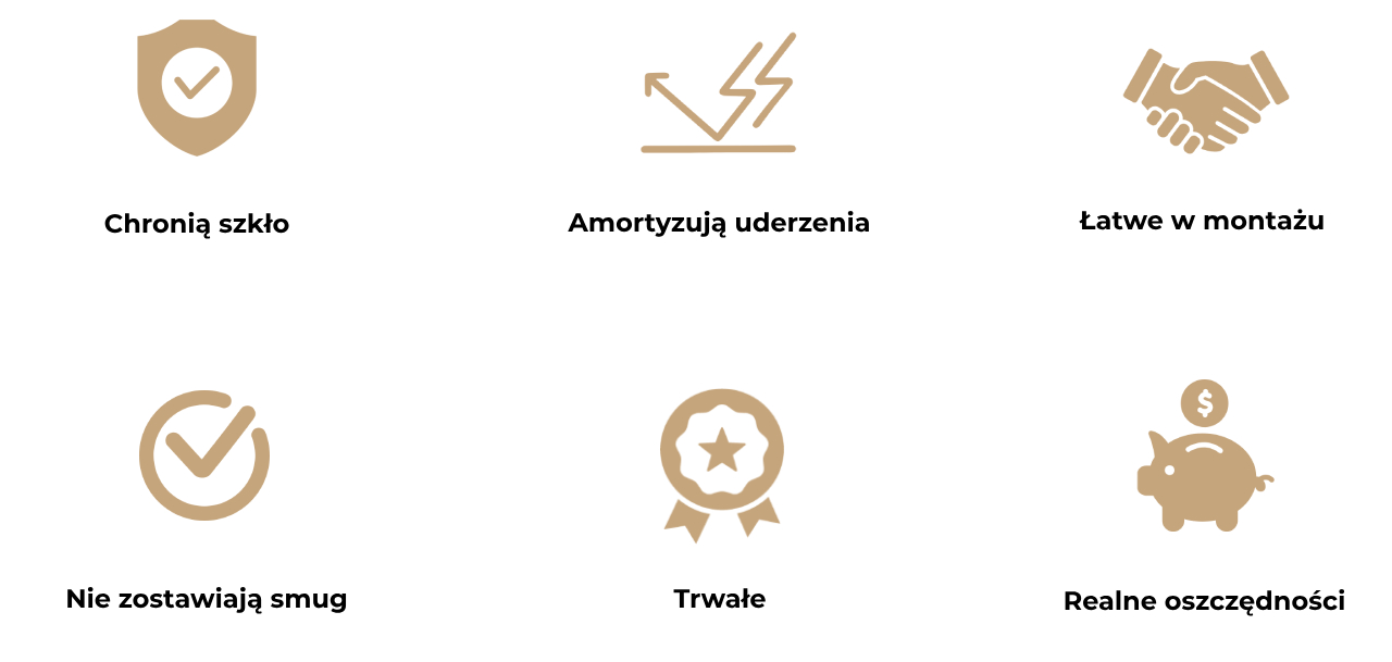 Obraz przedstawia sześć ikon opisujących zalety przekładek korkowych do szkła z pianką.